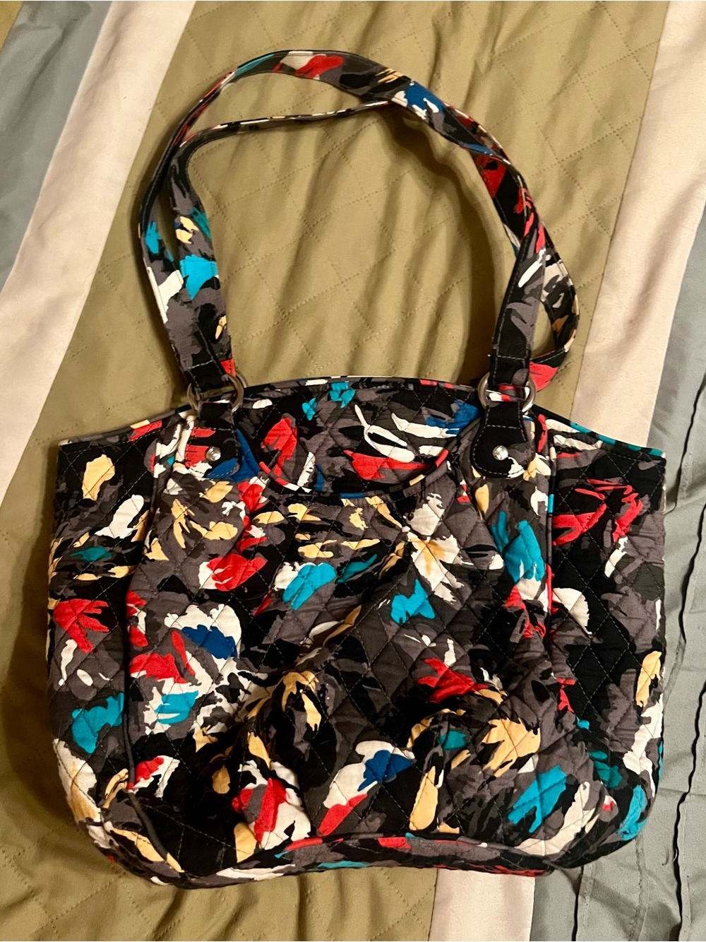 Vera Bradley Quilted Tote in Black with Teal, Red, Cream and White Accents